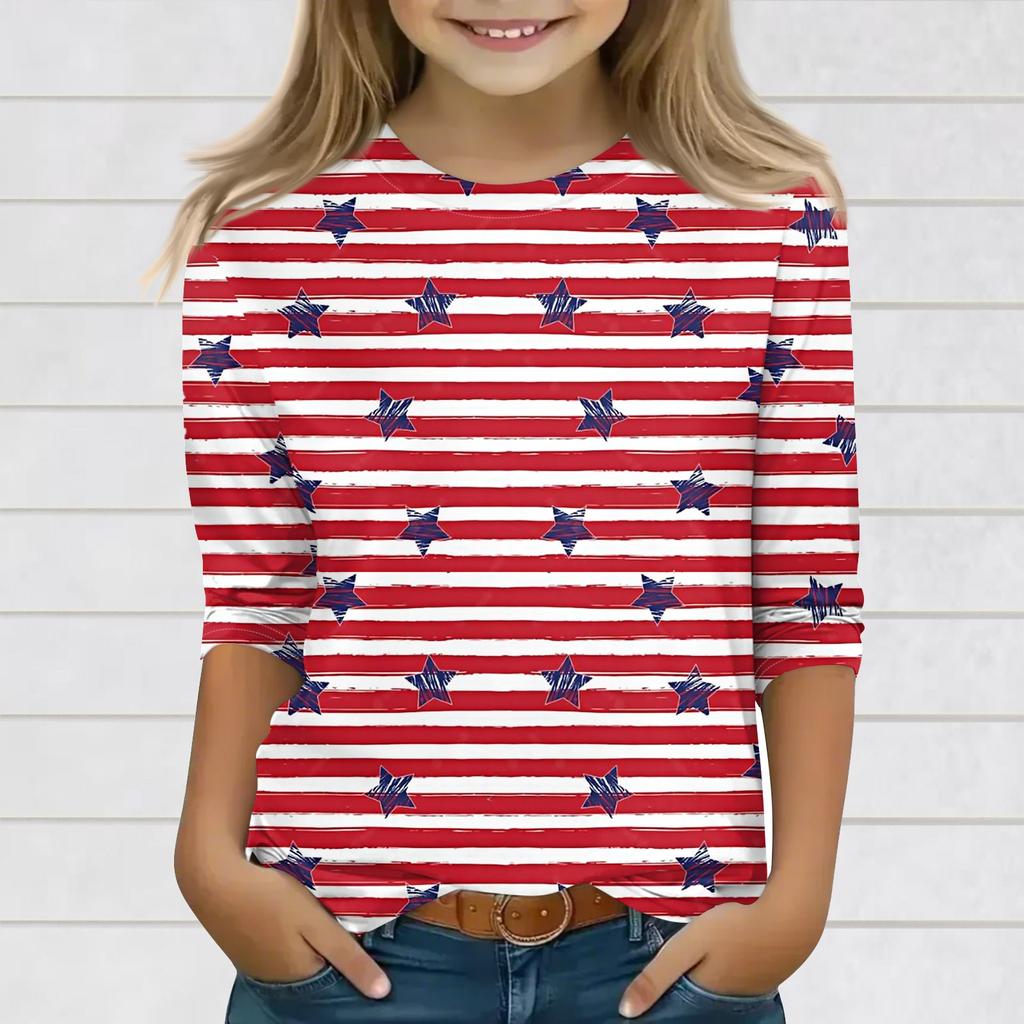 Print Tops For Youth Girls 3-10 Years Round Neck 3/4 Sleeves T-Shirts Trendy Tops Outfit Tees