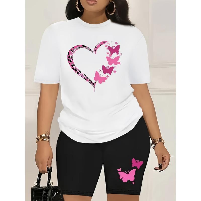 Europeisk Storlek Dam Alla Hjärtans Dag Hjärta med Fjärilsmönster Tryckt Kostym-Avslappnad Svart Kortärmad T-shirt, bekväm passform(Endast toppar)