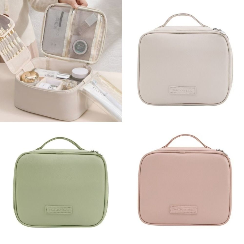Multipocket Design Cosmetic Handbag Zipper Closure Double-layered Portable Makeup Pouch Separate Dry and Wet Comfortable Handle