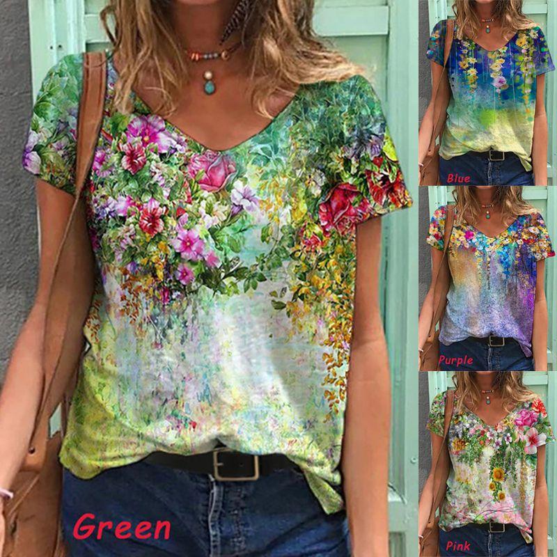 Comfortable Womens V Neck Short Sleeve Blouse Casual Floral Print T-shirt Tunic Tops