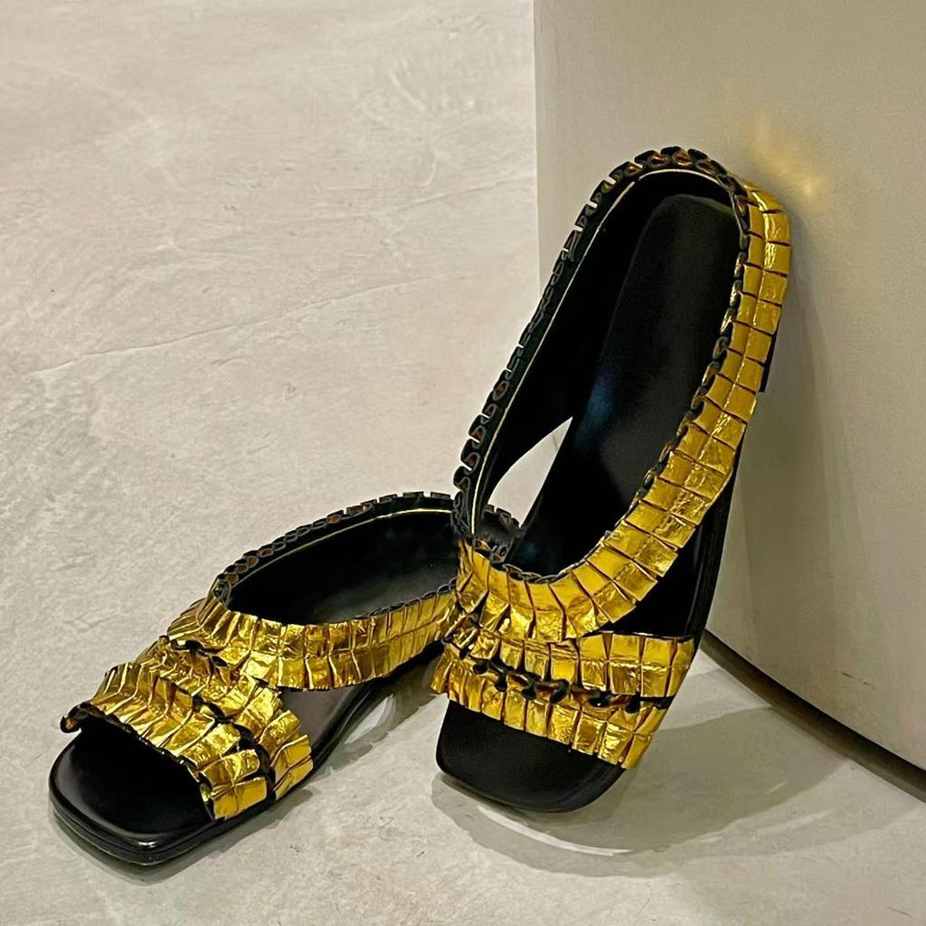Fashion High-Heeled One-Shoulder Slippers For Women 2025 Summer New Style Shallow-Moused Thick-Heeled Slippers Ballet Mary Jane Shoes