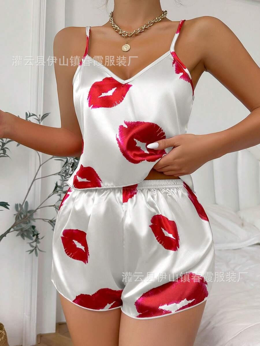 2026 new European and American style pajamas lip print comfortable sexy pajamas loungewear women S белый