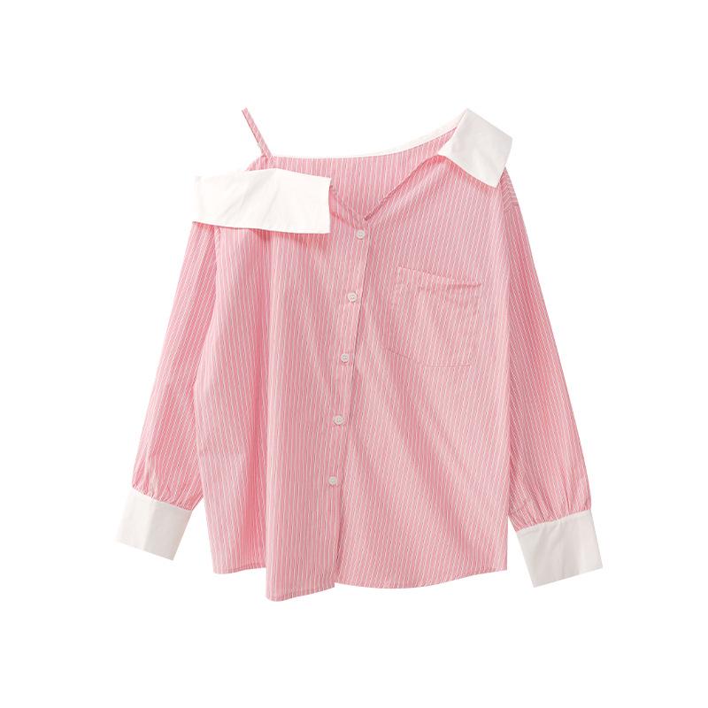 Thirteen Lines Spring 2025 French Style Off-Shoulder Striped Shirt for Women C3056