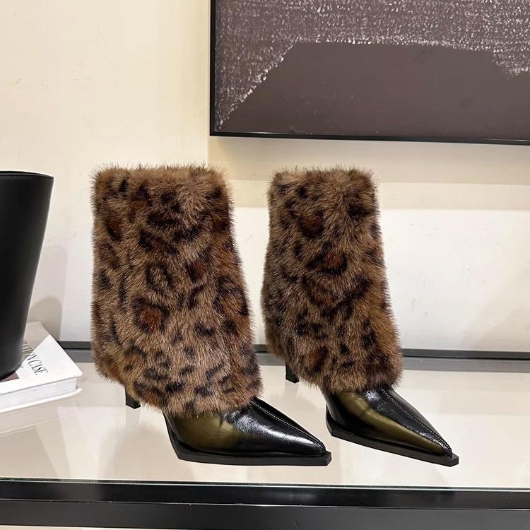 Fashion Comemore Autumn Winter Pointed Sexy Leopard Print Fur Boots for Women Padded Warm Temperament High-heeled Short Bota Feminina