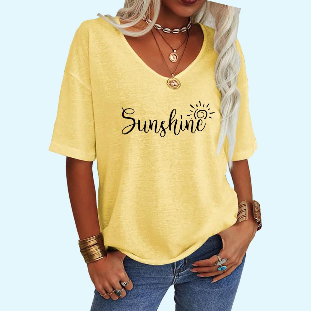 Women Fashion V CollarTee Shirt Summer Casual Letter Print Top Loose Short Sleeve T-shirt