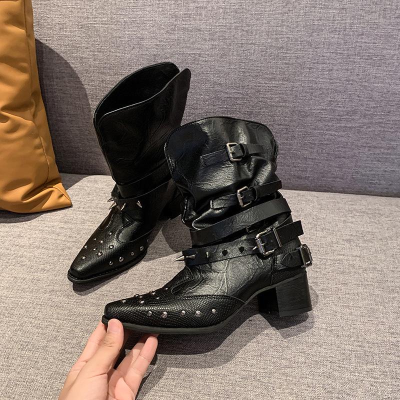 Cowhide version~ Minimalist style small square head wedge heel thin boots medium boots women's 2025 new versatile loose boots short boots