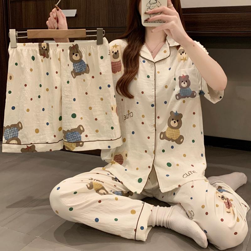 Cloud Cotton Pajamas Women'S Summer Short-Sleeved Three-Piece Set Japanese Polka Dot Bear Can Be Worn Outside Loungewear