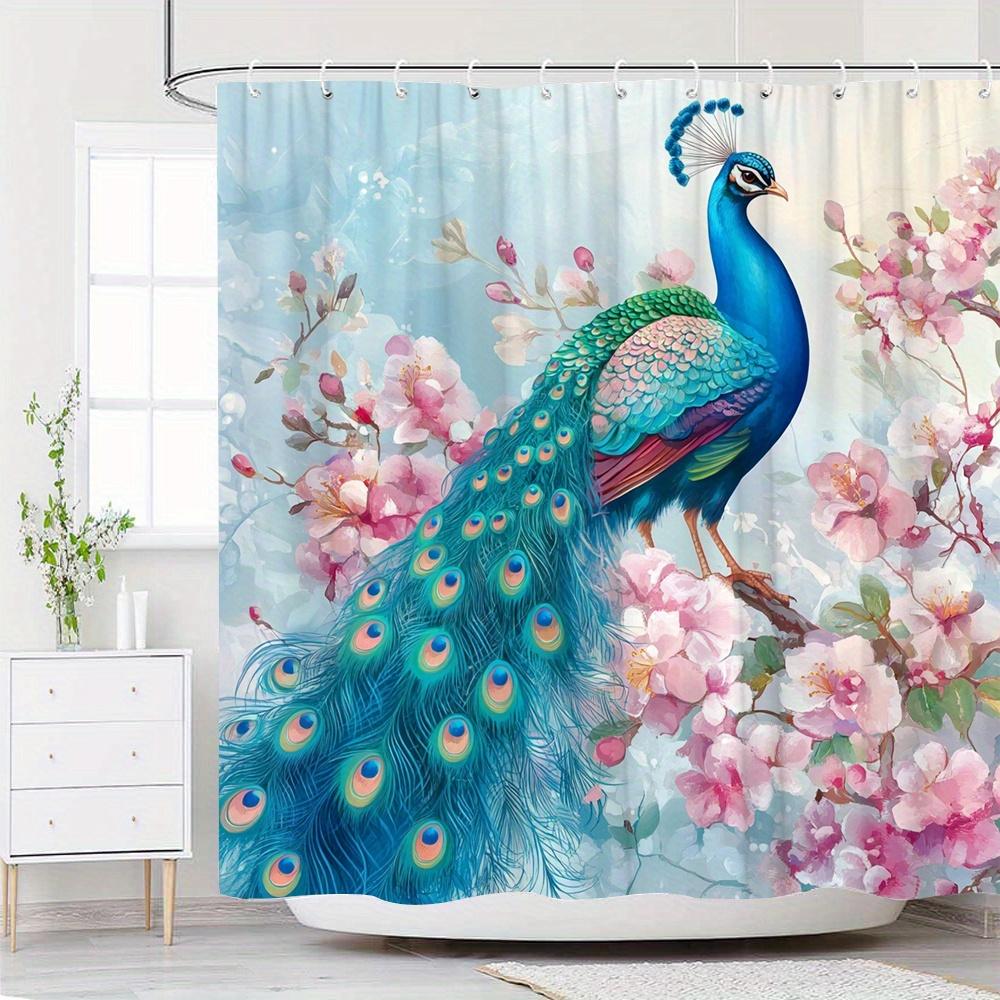 1pc Iridescent Peacock & Cherry Blossom Shower Curtain - Watercolor Style, Vibrant Blue Peacock with Pink Pastel Flowers