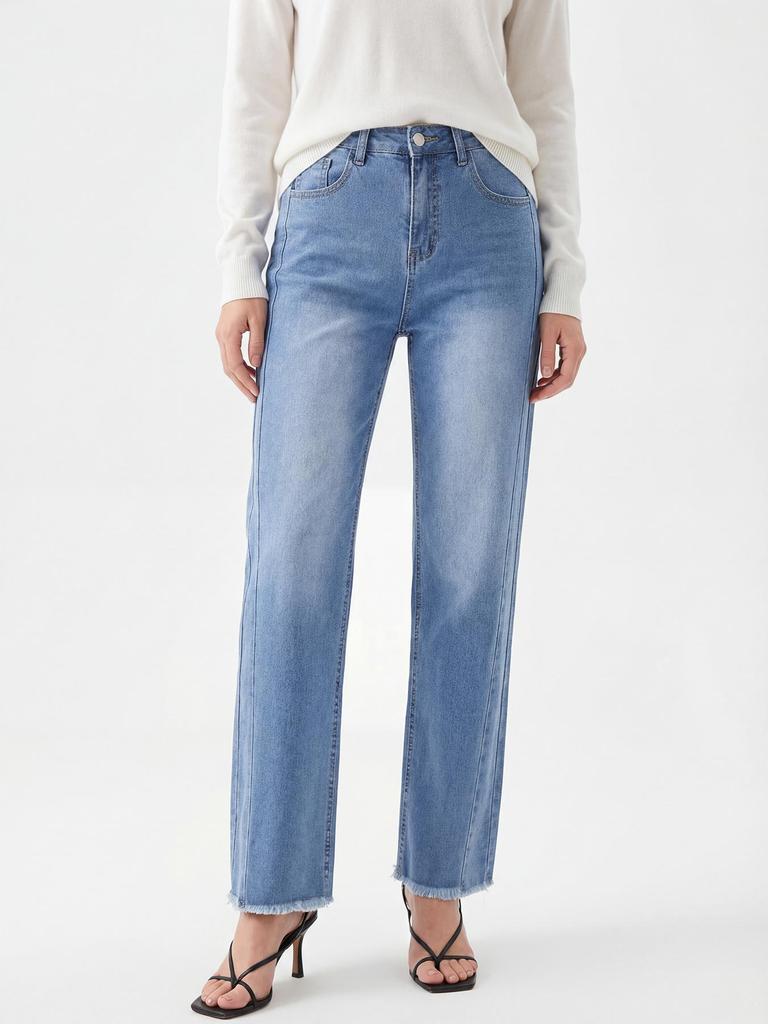 Puffanpop Women's Stretchy High Waisted Straight Leg Jeans Comfortable Denim Pants with Frayed Raw Hem Casual Trousers