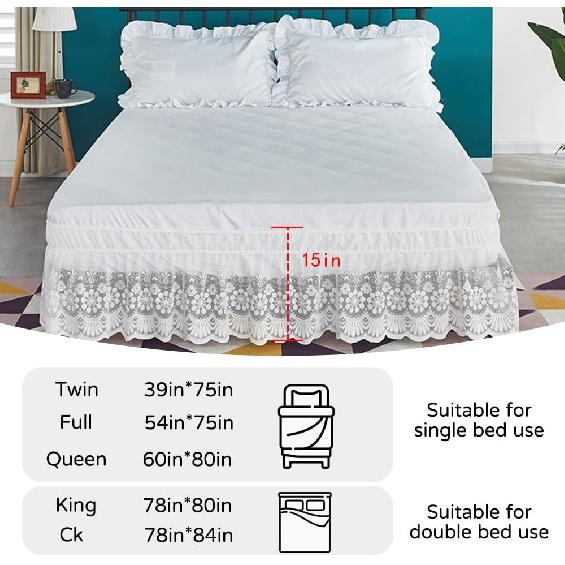 White Lace Bed Skirt for Queen Bed - 15in. Drop, Easy Fit Ruffle Bedskirt Wrap Around Bed Skirt, Anti Wrinkle & Fade Resistant