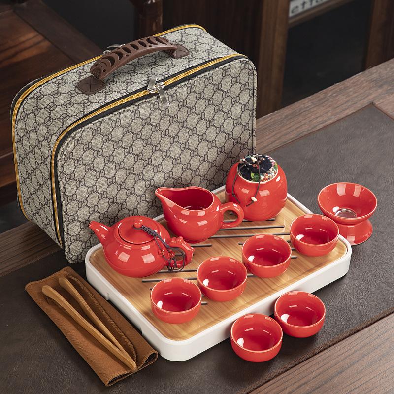 Travel ceramic Kung Fu tea set, tea tray, a full set of portable storage bags, practical business gifts for customers