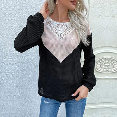 Mode Lässige Oberteile Hemden Kleidung Modisch und Lässig Temperament Frühher Herbst Damen Langärmeliger Colorblocking Spitze Rundhals Strickpullover