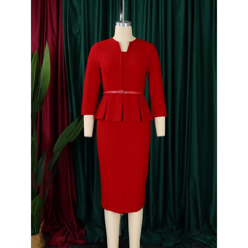 Women V Neck High Waist Solid Pencil Midi Office Commuting Dress