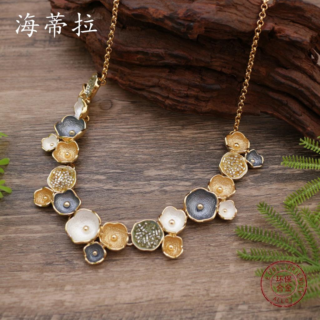 Yellow painting oil geometric flower stud earrings necklace set, stylish and simple women's versatile flower necklace