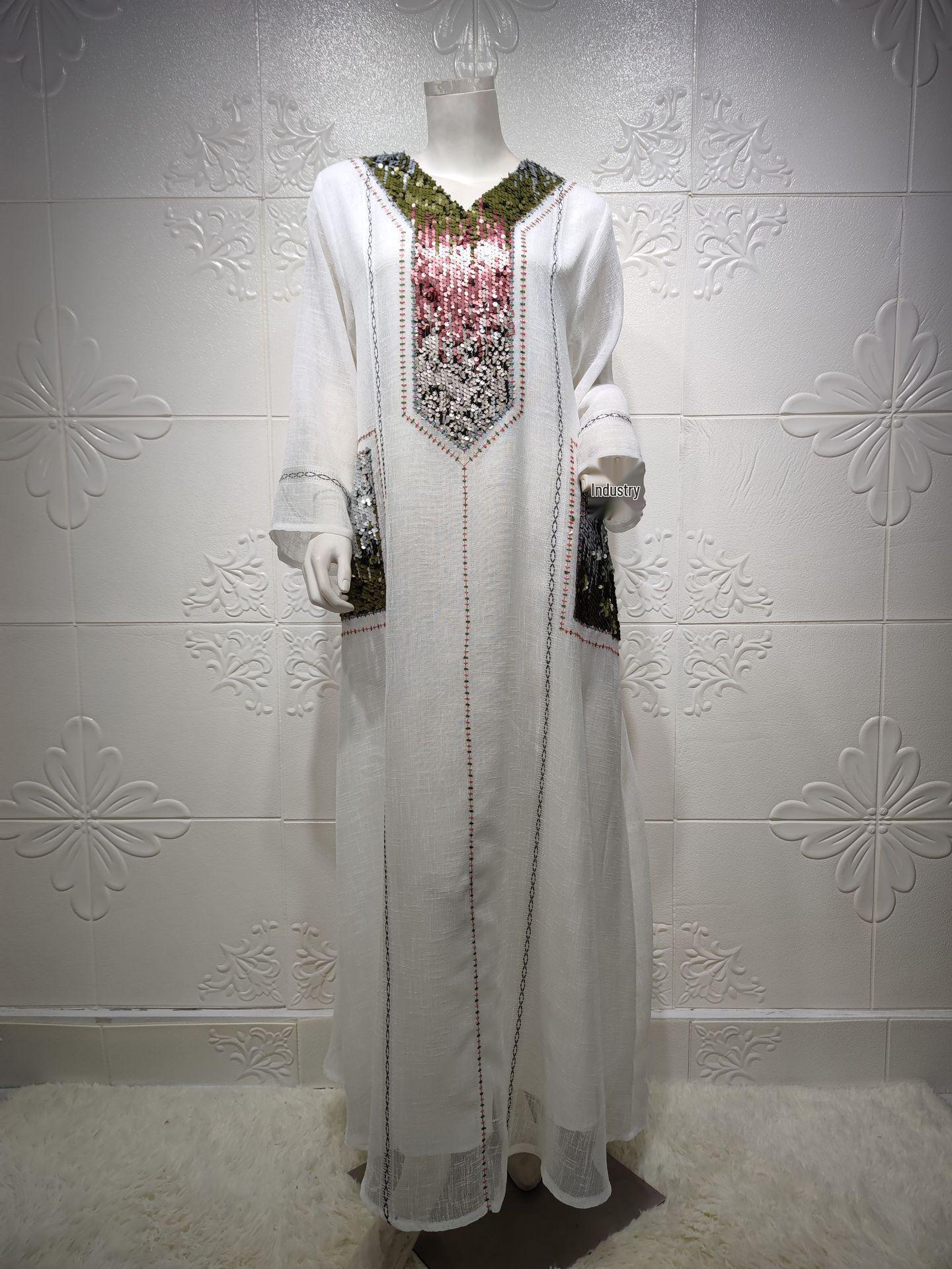 

AB053 Dubai Beaded Sequin Jalabiya: Women s Embroidered Long Robe for Eid al-Fitr. XXL білий
