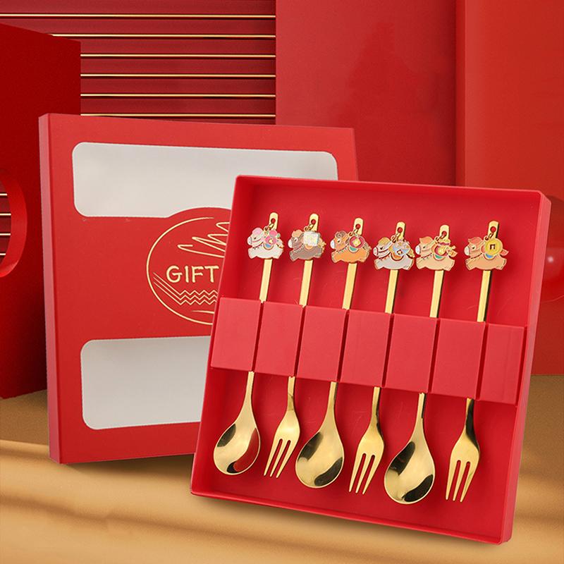 Year Of The Horse Chopsticks Spoons Set Gold Chinese  Year Stainless Steel Spoon Dessert Forks Decoration For Tableware