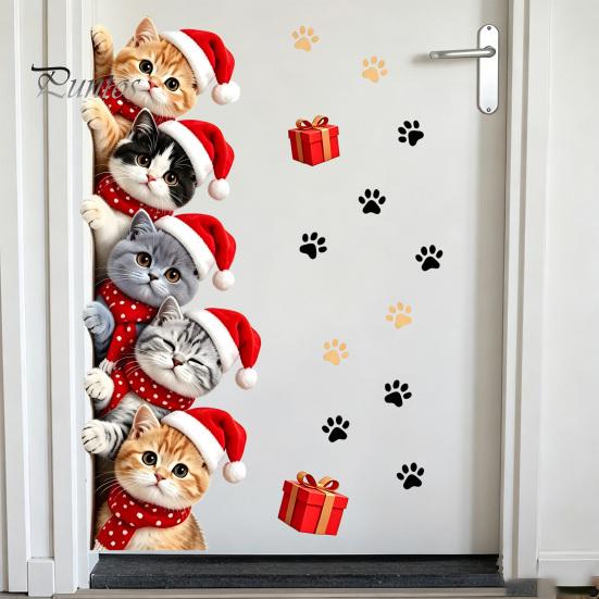 Holiday Decorative Door Clings Christmas Cat Sticker, Cute Santa Hat Kittens Wall Decal, Self Family Festive Interior Decorations Adhesive Waterproof
