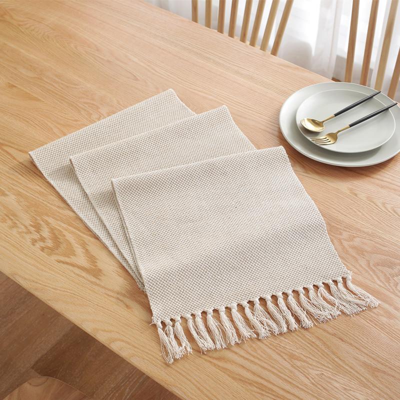 Scandinavian Style Woven Table Runner Cotton Linen Christmas Decor Solid Color Fringe Jute Tea Table Cover