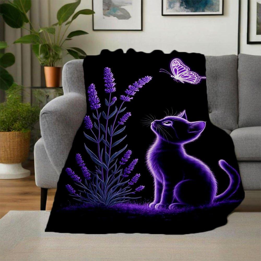 Purple Butterfly Lavender Cat Wall Art Print PosterBlanket Flannel Throw Blanket for Sofa, Bed, Travel, Camping, Office
