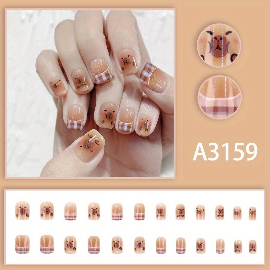 24 Cute Cartoon Expression French Plaid Doodle Short Nail Art Stick-On Nail Tips Expression