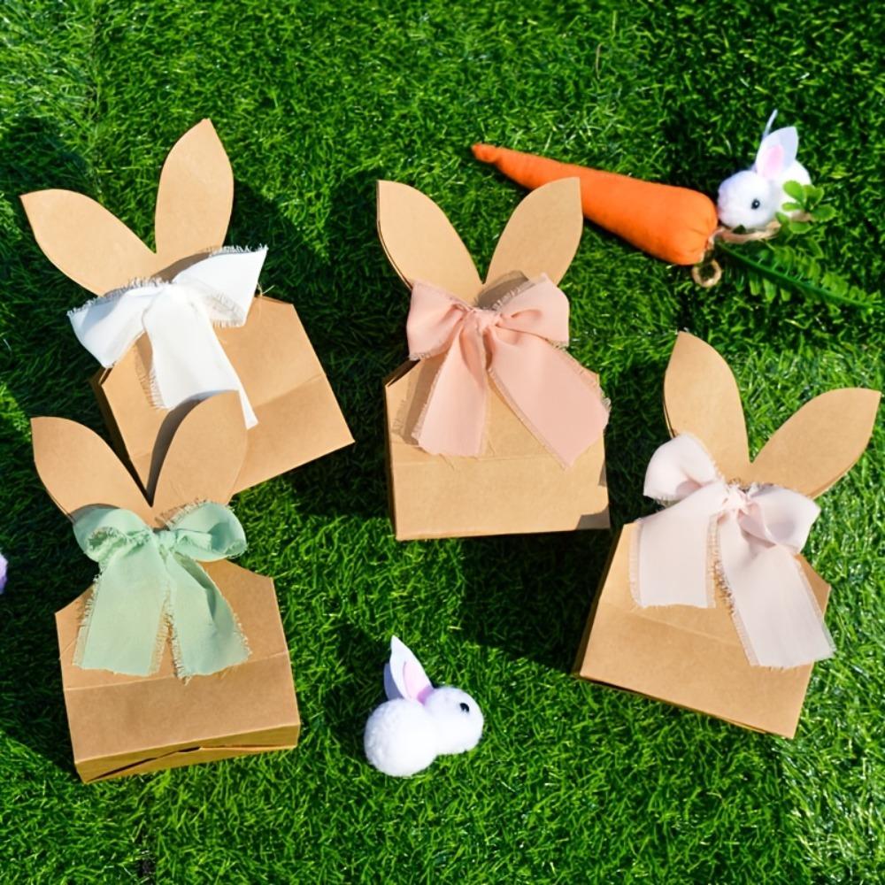 12PCS Cartoon Easter Rabbit Candy Gift Box with Ribbon Bow 3D Bunny Ear Rabbit Cookie Bag Kraft Paper DIY Party Favor Bag