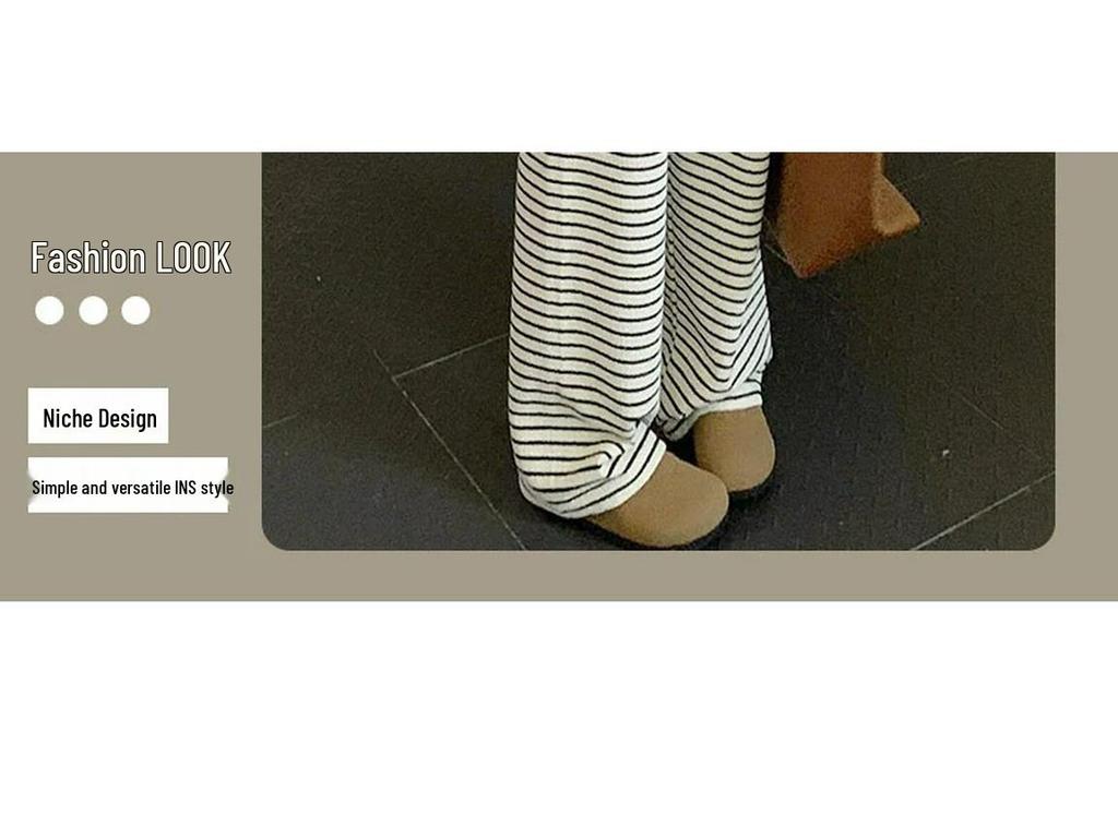 Women's Petite High-Waisted Black & White Striped Wide-Leg Pants - Autumn/Winter Casual Loose Fit with Plus Velvet