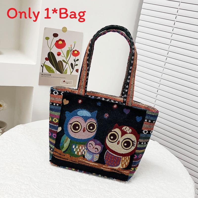 Cartoon Elephant Owl Canvas Handbag With Embroidery For Daily Casual Use