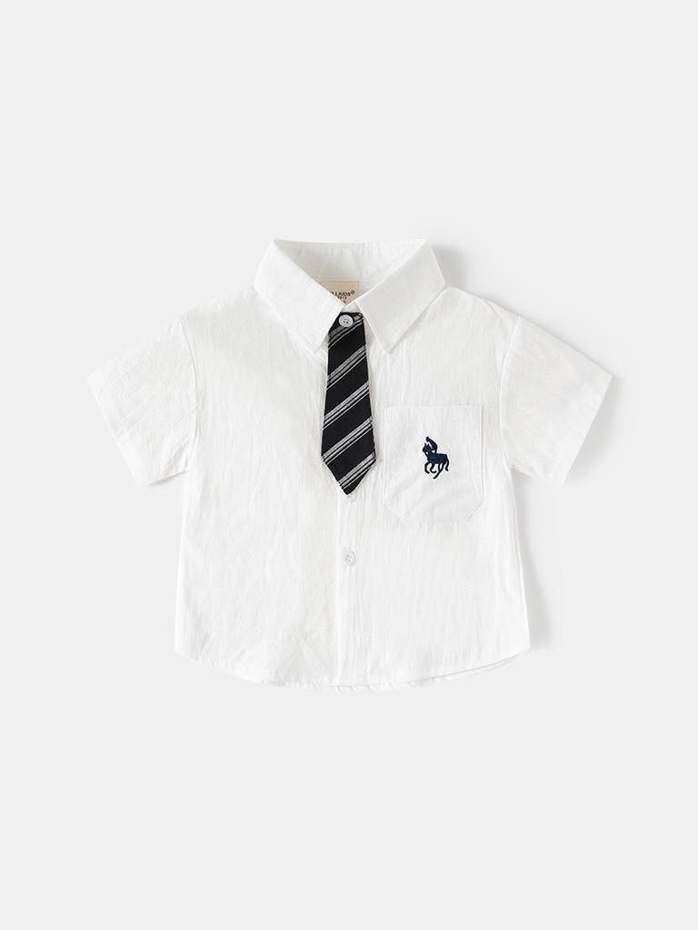 2026 Boys' Summer Short Sleeve Embroidered Shirt with Removable Tie
