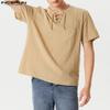 INCERUN Vintage Mens Summer Short Sleeve Lace Up Neck Solid Color Casual T-shirts Tops