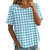 Damen Vintage Karomuster Kurzarm Rundhals Bluse Leichte Atmungsaktive Leinenmischung Lässiges Oberteil für den Alltag