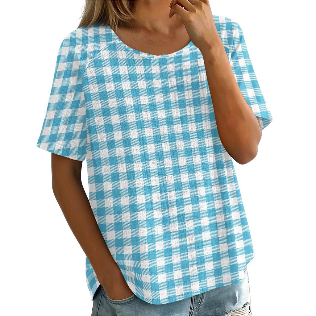 Damen Vintage Karomuster Kurzarm Rundhals Bluse Leichte Atmungsaktive Leinenmischung Lässiges Oberteil für den Alltag