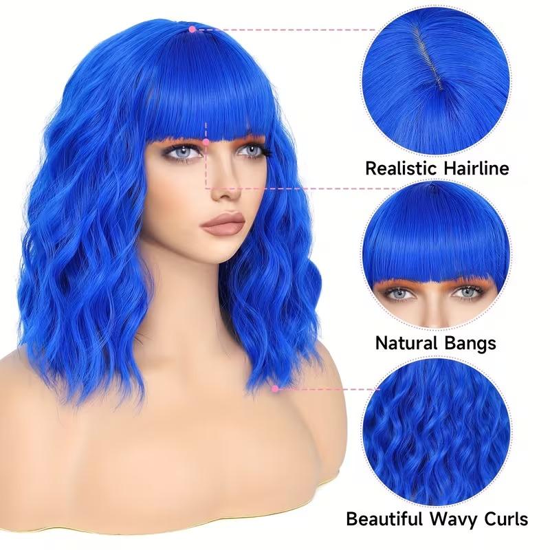 Bob Wig With Bangs 12 Inch Short Wavy Bob Wig Synthetic Blue Orange Pink Yellow Purple Red Wigs For Women Cosplay Halloween Daily Use