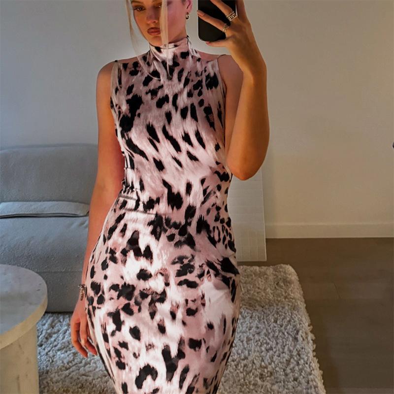 Autumn Dress Women's Elegance Slim Leopard Print High Neck Halter Dress