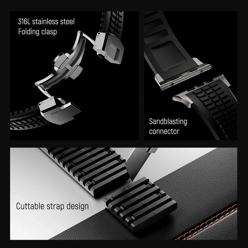 FKM Rubber Band for Apple Watch 46mm 45mm 44mm 42mm Sports Strap for Iwatch Ultra 2 1 49mm Series 10 9 8 7 Se 6 5 4 Bracelet