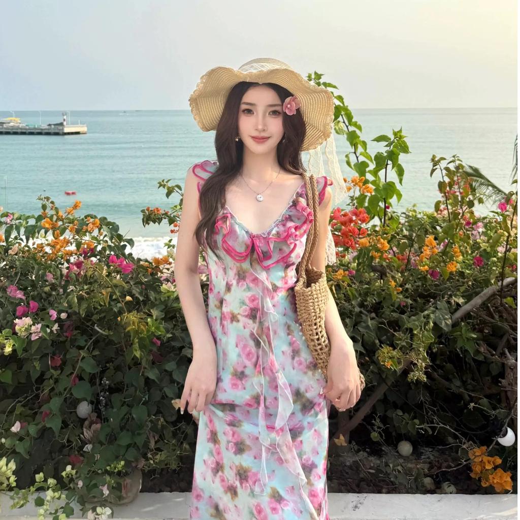 Summer New Lotus Leaf Edge Seaside Vacation Style Photo Dress Design Sense Super Fairy Temperament V-neck Floral Tea Break Dress
