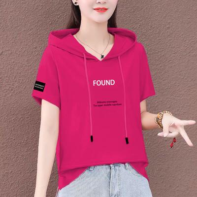 Oversized Hooded Short Sleeve Women Sweatshirt Loose Slim Summer Pullover Hoodies T-shirt with Letter Print
