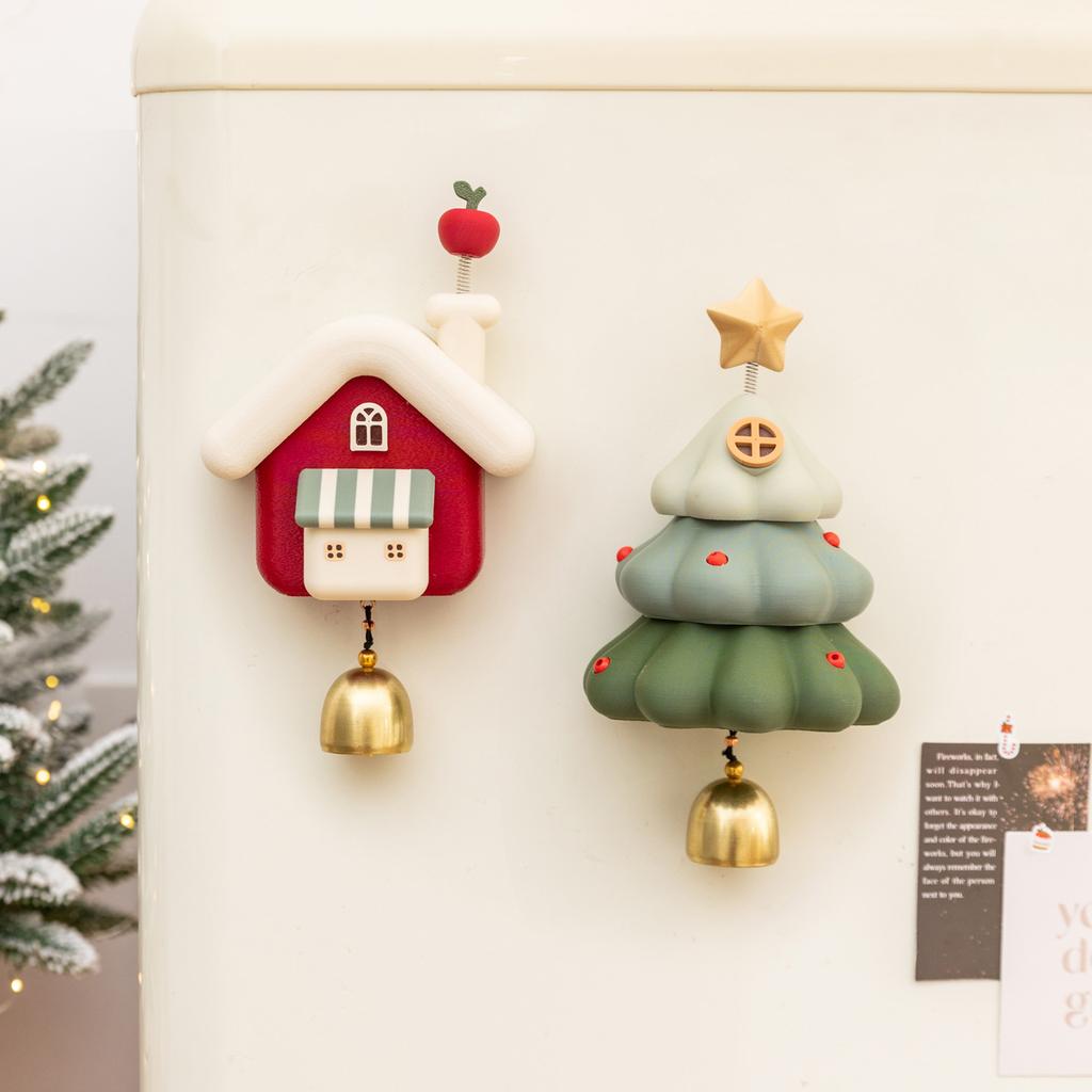 Cute Creative Christmas Tree Cottage Fridge Magnetic Decal with Bell for Home Wall Door Office Whiteboards New Year Decor Gifts