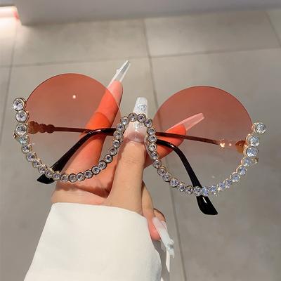 New Luxury  Designer Diamond Round Sunglasses Ladies Vintage Fashion Sun Glasses For Men Half Frame Punk Crystal Eyeglasses