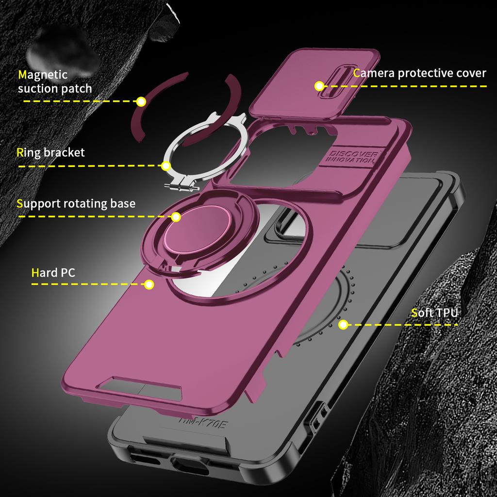 Magnetic Metal Ring Stand Armor Case For Xiaomi Poco X6 Pro Redmi K70E Slide Push Window Lens Protection TPU Plastic Phone Cover