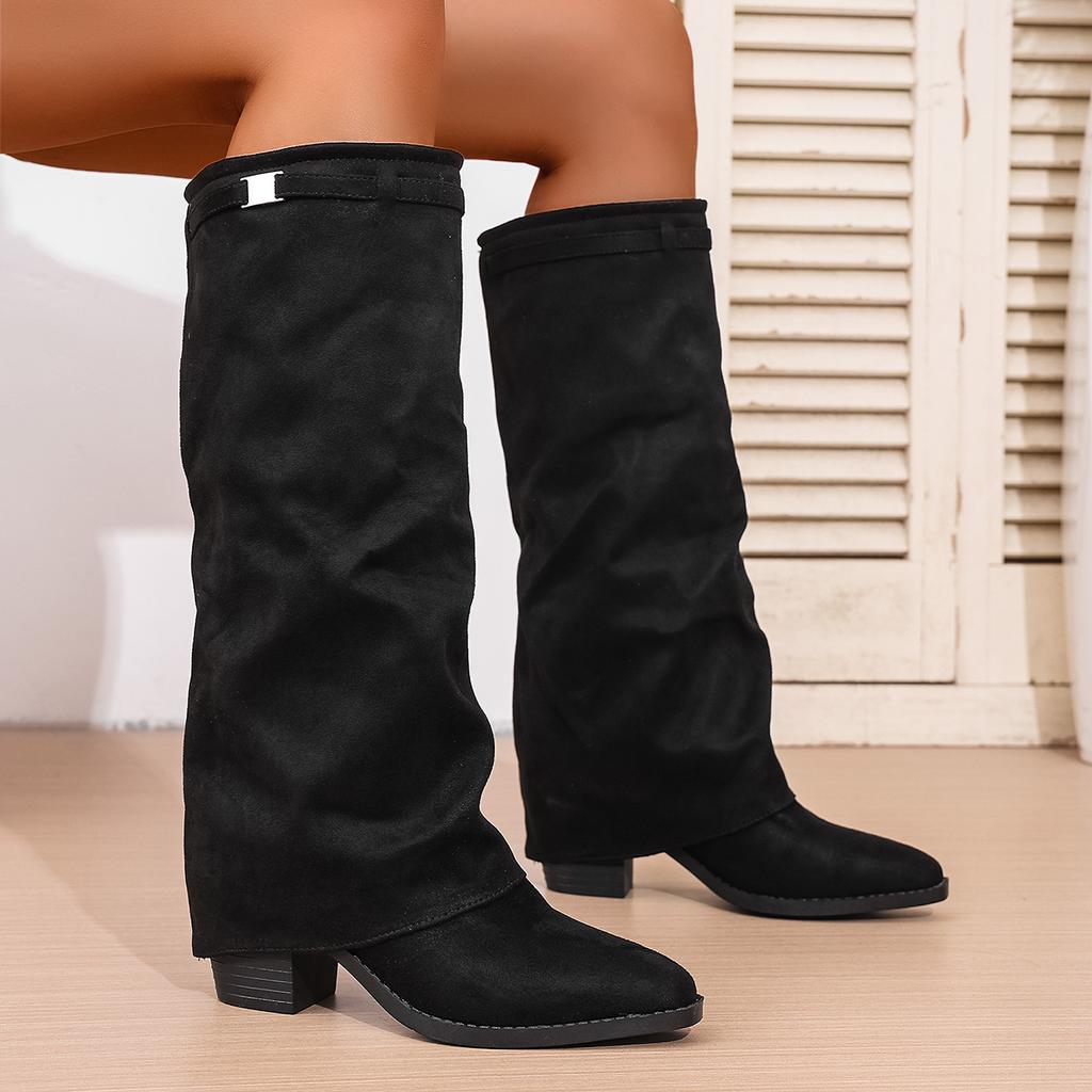 Fashion 2025 Autumn And Winter Women's Pointed Toe Crude Heel Knee High Boots Female Metal Decor Pants Boots High Quality Woman Shoes