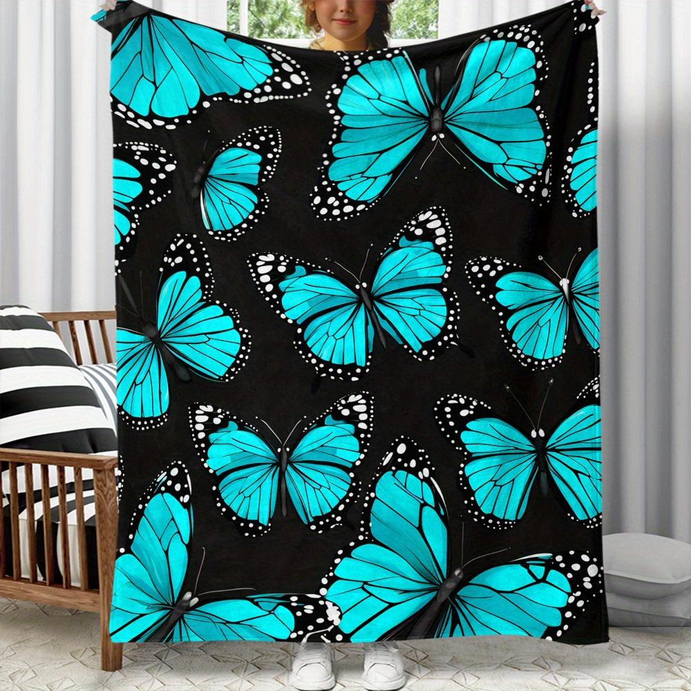 Blue butterfly black background flannel blanket nature insect pattern soft throw blanket decorative blanket for bedroom