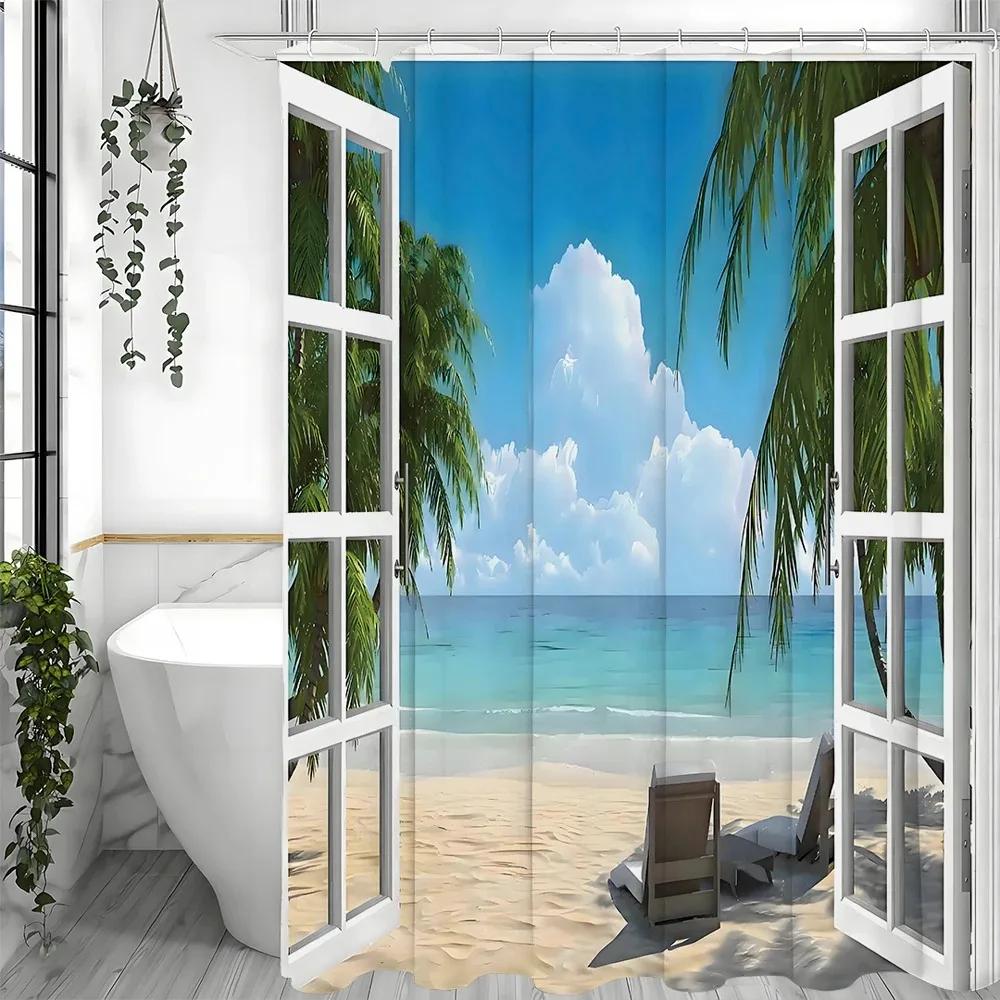 Tropical Palm Tree Shower Curtain, Ocean Beach Island Window Palm Tree Bathroom Decorative Shower Curtain, Waterproof Shower Cur 90x180cm-35x70in