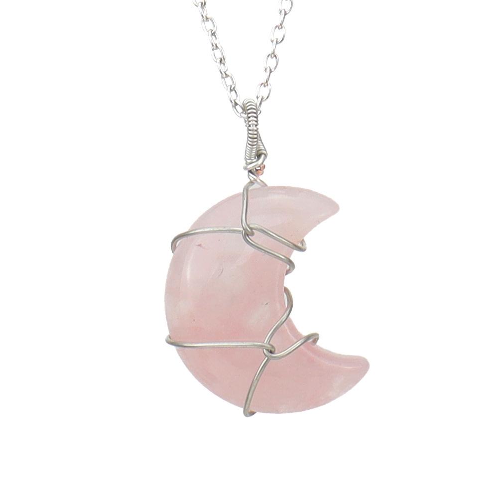 Hand-Wound Crystal Gemstone Natural Stone Black Flare Moon Pendant Necklace N607