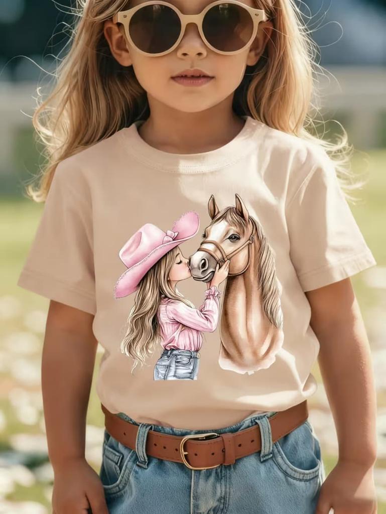 Vestiti per Bambina Ragazza Carina Baci Stampa Cavallo Estate Manica Corta Casual Larghi Top per Bambini T-Shirt per Ragazze da Esterno Abbigliamento per Bambini