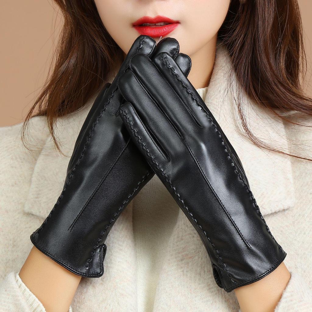 Women's Touchscreen Windproof Leather Gloves - Fleece-Lined, Thickened, Warm for Autumn/Winter, Cycling & Driving, Fashionable PU Cotton.