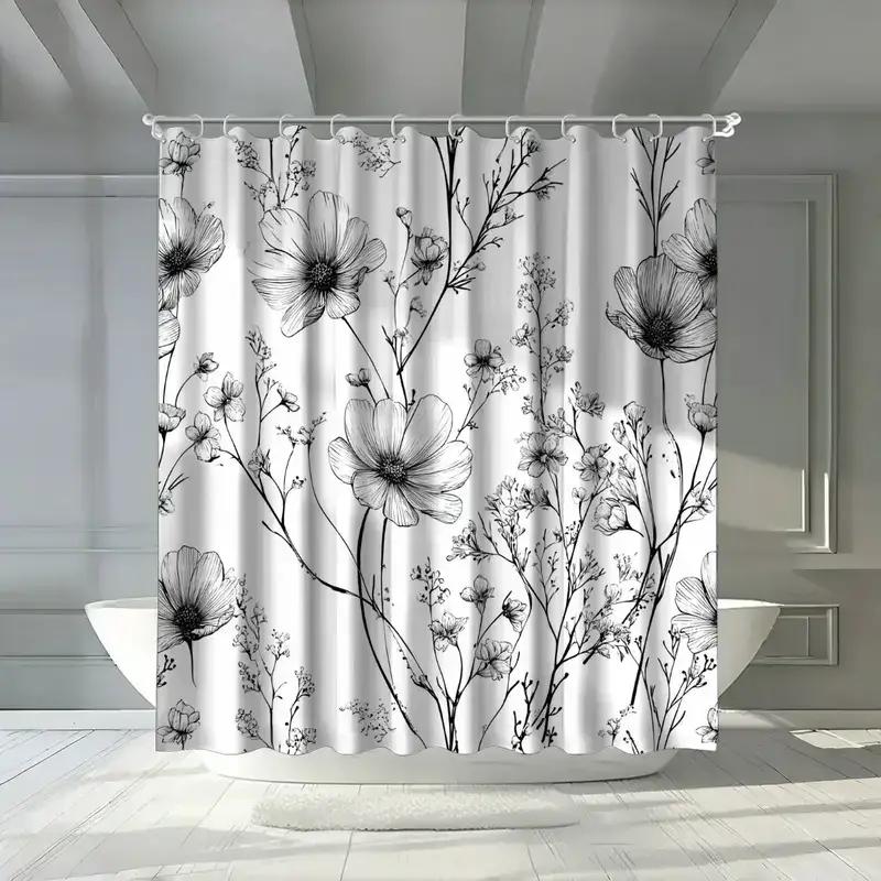 Minimalist Floral Shower Curtain Black Line Art Wildflower Pattern Modern Bathroom Decor Waterproof Printed Bath Curtain Home