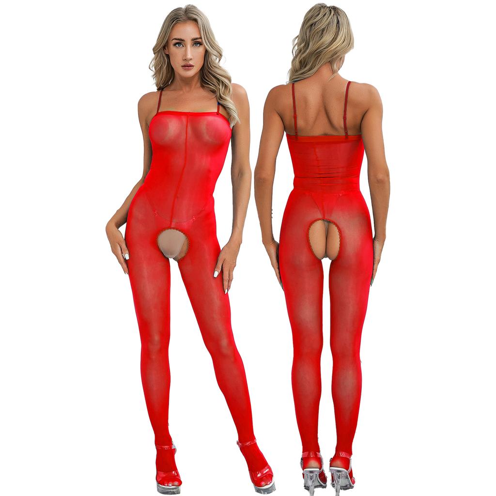 Womens Sleeveless Full Body Elastic Bodysuits Silky See Through Rompers Glossy Sexy Jumpsuits