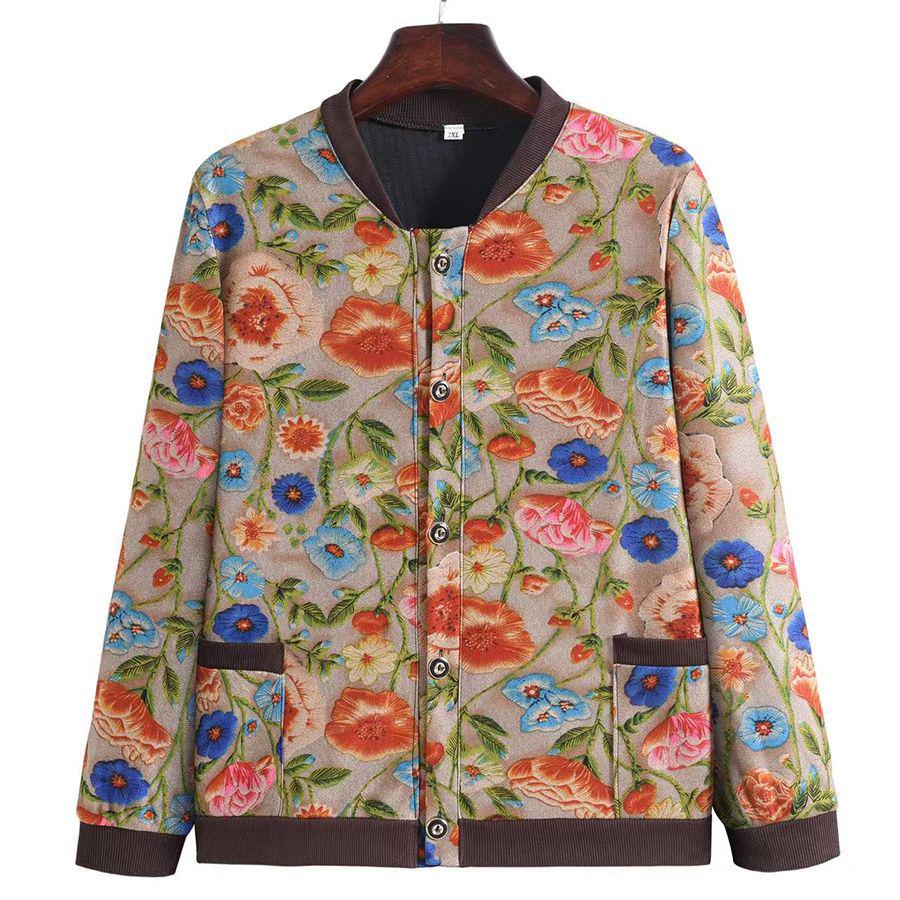 Elegant Floral Plus Size Jacket for Mid-Aged & Elderly Women - Spring/Autumn Casual & Fashionable Baseball Uniform Style