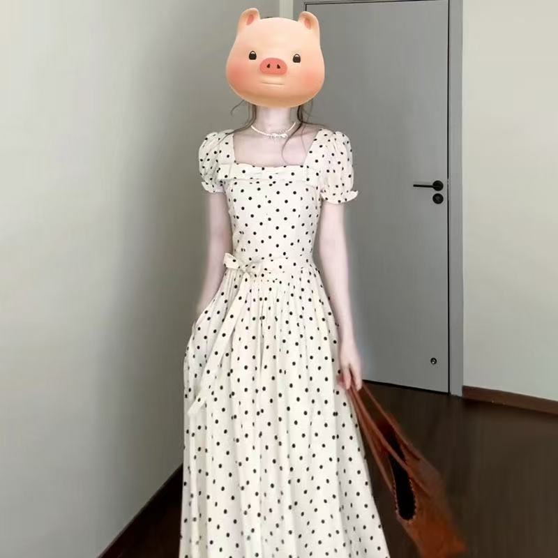 French temperament high-end bubble sleeve dress women's summer new square collar polka dot waist dress