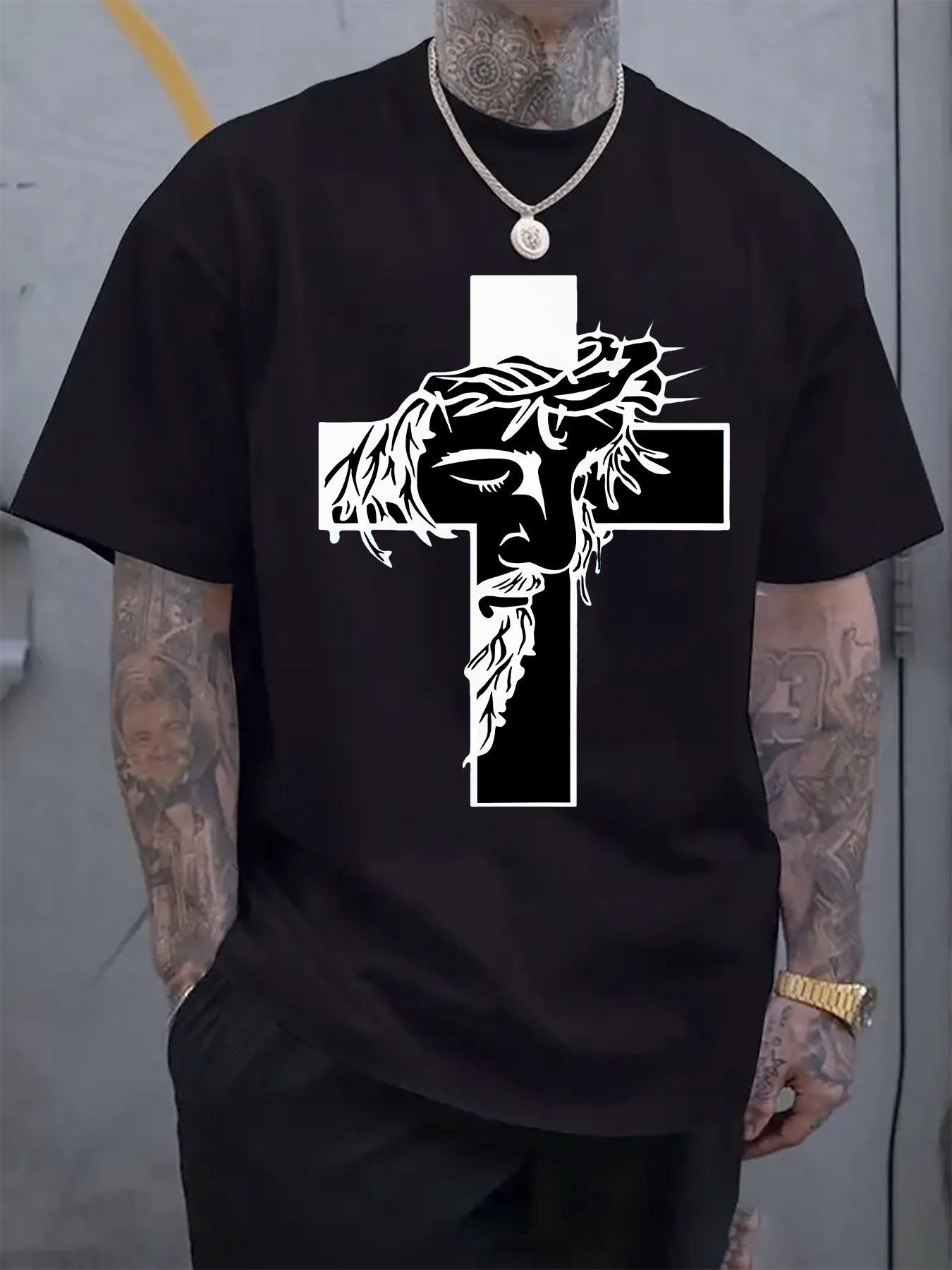White T-shirt with Intricate Jesus Christ Print - Casual Crew Neck XXXXL